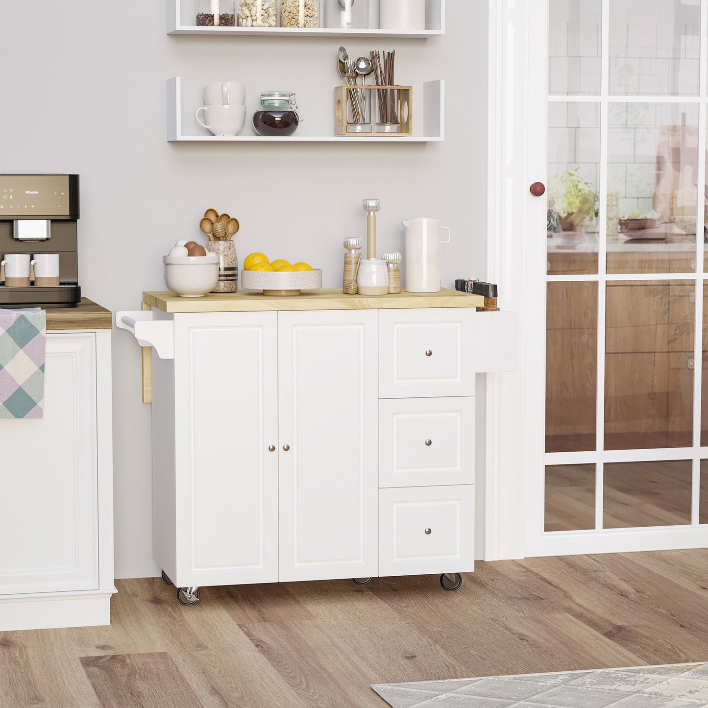 Kitchen Island on Wheels, Rolling Kitchen Storage Trolley with Drop Leaf, Drawers, Towel and Spice Rack, White