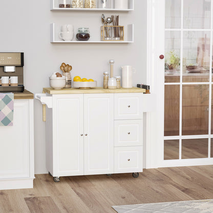 Kitchen Island on Wheels, Rolling Kitchen Storage Trolley with Drop Leaf, Drawers, Towel and Spice Rack, White