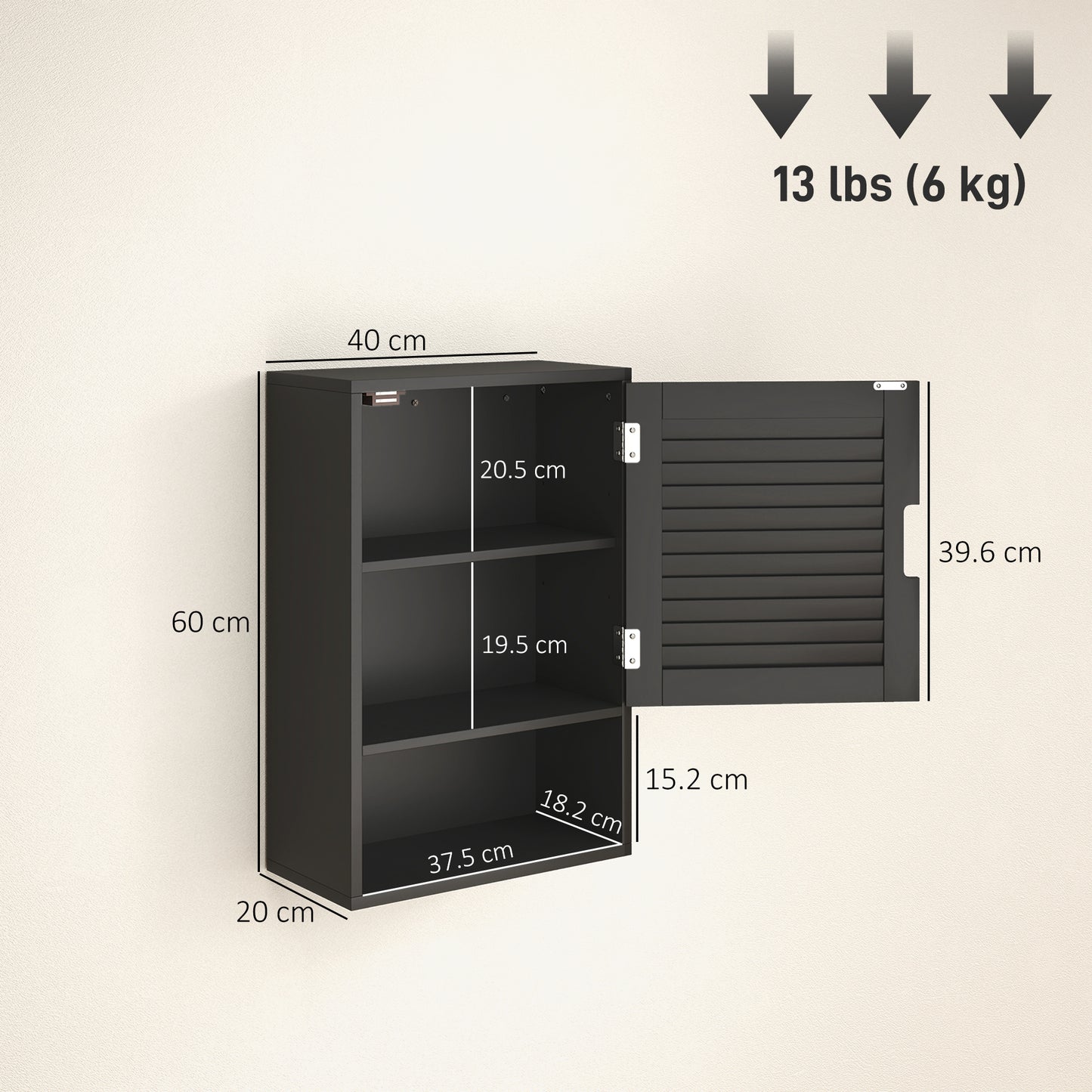Bathroom Cabinet, Wall Mounted Storage Cabinet with Adjustable Shelves, 40 x 20 x 60 cm, Black