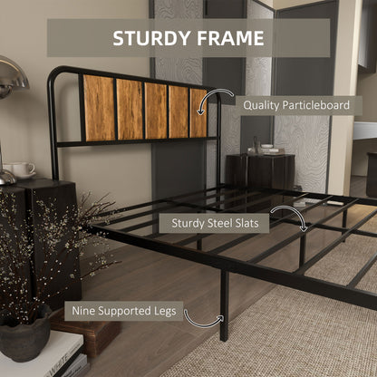 4.8ft Double Bed Frame with Industrial Wood Headboard, Steel Slat Support and 25.5cm Underbed Storage Space, 145 x 197cm