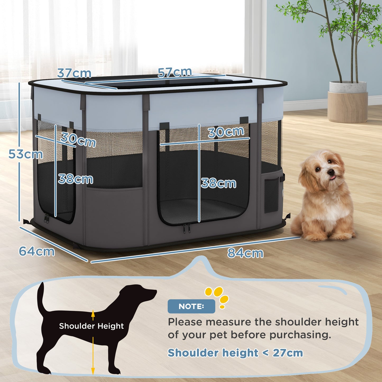 Foldable Dog Pen with Storage Bag for Indoor/Outdoor Use, Portable Pet playpen, with Ground Stakes - Grey