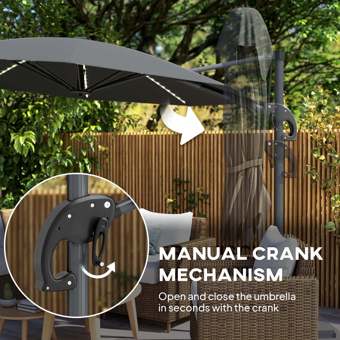3(m) Cantilever Garden Parasol with Solar Powered Lights, Crank Handle & Cross Base, UPF 50+, 360° Rotation, Dark Grey