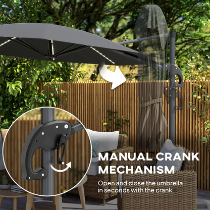3(m) Cantilever Garden Parasol with Solar Powered Lights, Crank Handle & Cross Base, UPF 50+, 360° Rotation, Dark Grey