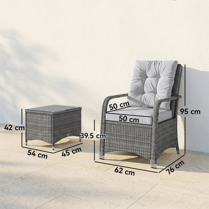 3 Pieces Rattan Bistro Set, Wicker Garden Furniture Set with Metal Frame, Cover, Glass Top Coffee Table, Light Grey