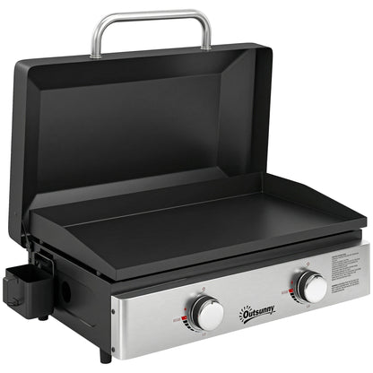 2 Burner Grill Griddle, Portable Gas Plancha, 6 kW, Tabletop Gas BBQ with Grease Cup for Camping Picnic Patios, Black