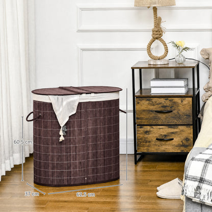 100L Bamboo Laundry Basket with Lid, Washing Basket with 2 Compartments, Handles, Removable Liner, Brown