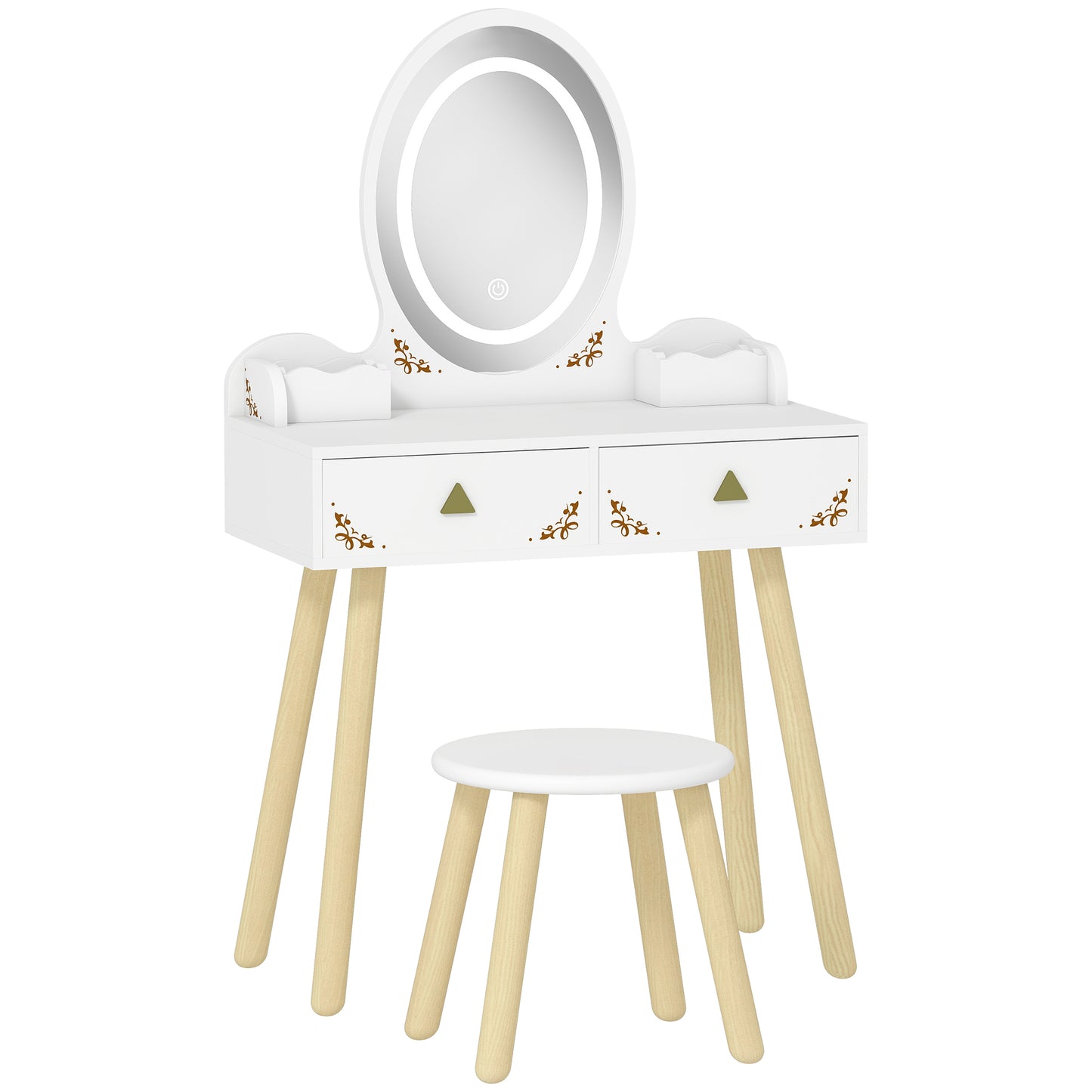 Kids Vanity Table and Chair Set with 3-Colour LED Lights Mirror, Drawer, Storage Boxes, for 3+ Years, White
