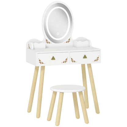 Kids Vanity Table and Chair Set with 3-Colour LED Lights Mirror, Drawer, Storage Boxes, for 3+ Years, White