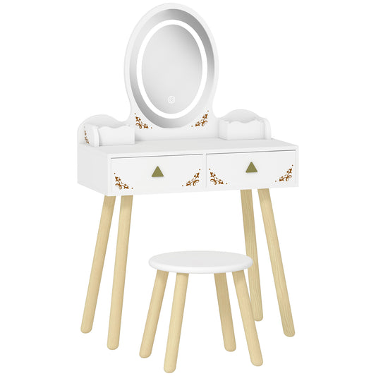 Kids Vanity Table and Chair Set with 3-Colour LED Lights Mirror, Drawer, Storage Boxes, for 3+ Years, White