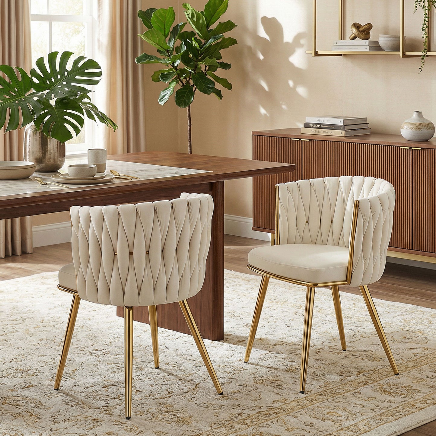 Velvet-Feel Dining Chairs Set of 2, Modern Upholstered Armchair with Knot Design and Golden Metal Legs