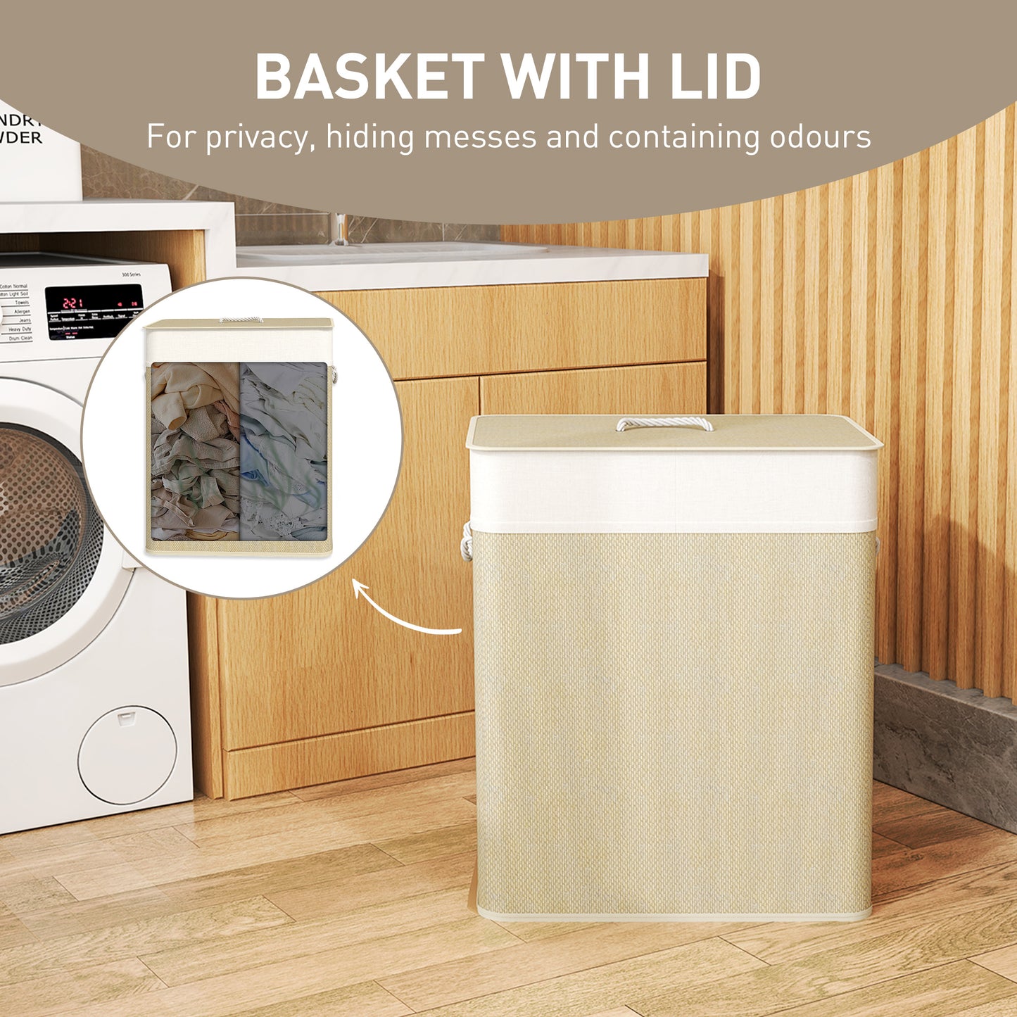 2 Section Laundry Basket with Lid, 100L Bamboo Laundry Hamper with Handles, Removable and Washable Liner, Cream White