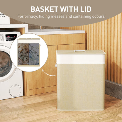 2 Section Laundry Basket with Lid, 100L Bamboo Laundry Hamper with Handles, Removable and Washable Liner, Cream White