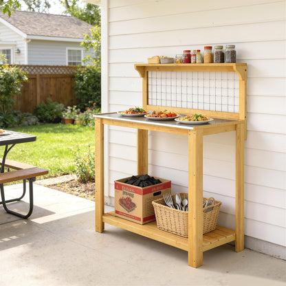 Wooden Potting Bench Table with Aluminium Worktop, Outdoor Garden Workbench with 2 Shelves