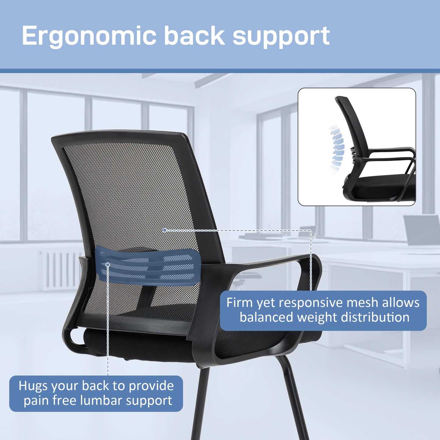 Ergonomic Desk Chair No Wheels, Padded Meeting Office Chair with Sled Base for Bedroom, Waiting, Reception, Black