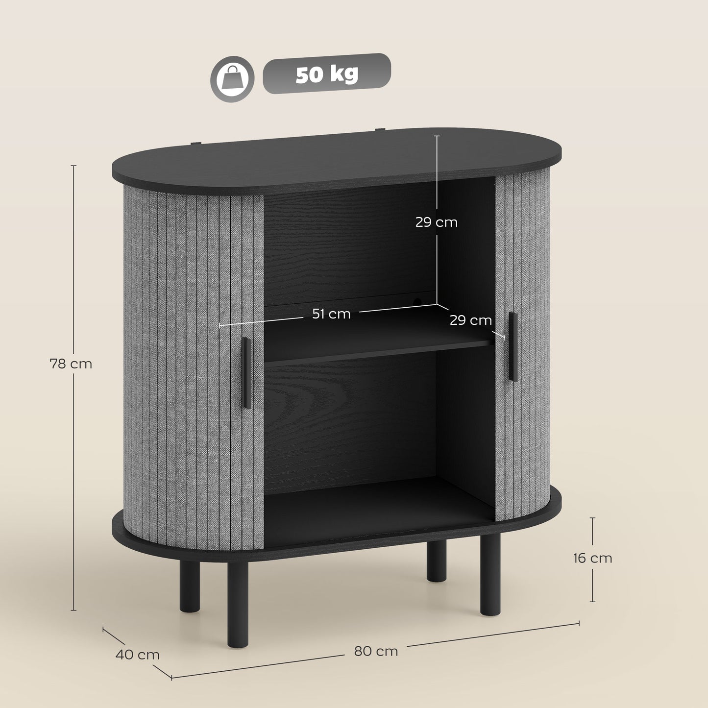 Tambour Sideboard with Fluted Sliding Doors, Modern Kitchen Cupboard with Storage Shelves and Wooden Legs, Grey