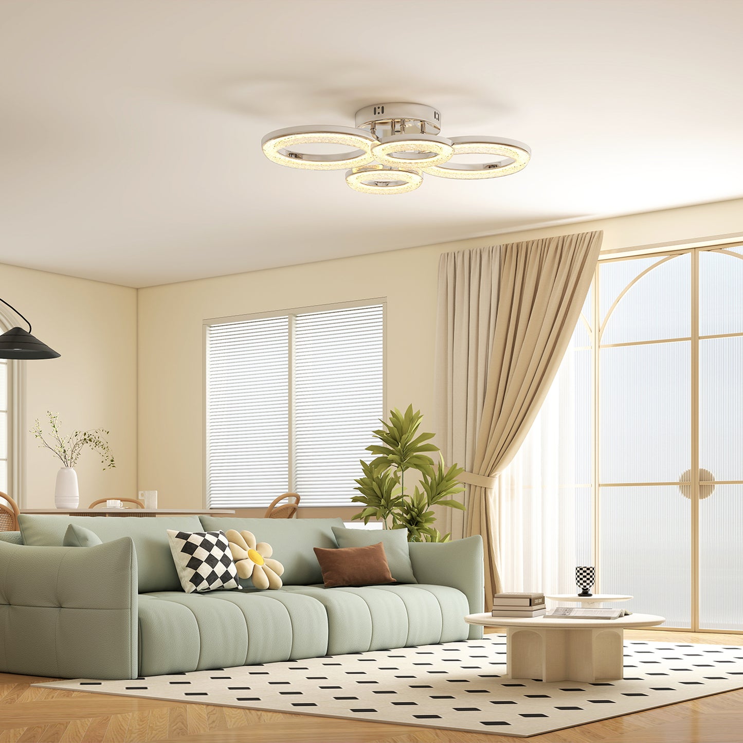 4-Ring LED Ceiling Light, Flush Mount Ceiling Light with 3 Colour Temperatures, Silver Tone