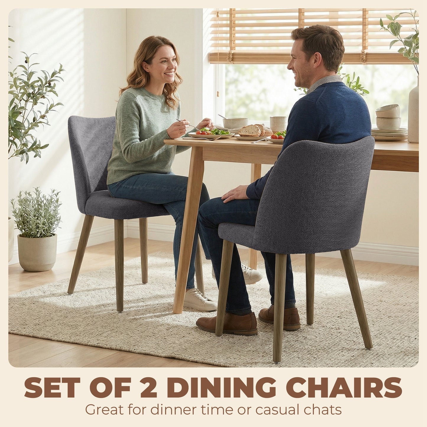 Dining Chairs Set of 2, Linen Upholstered Kitchen Chairs with Padded Seat, Curved Backrest, Rubberwood Legs, Dark Grey