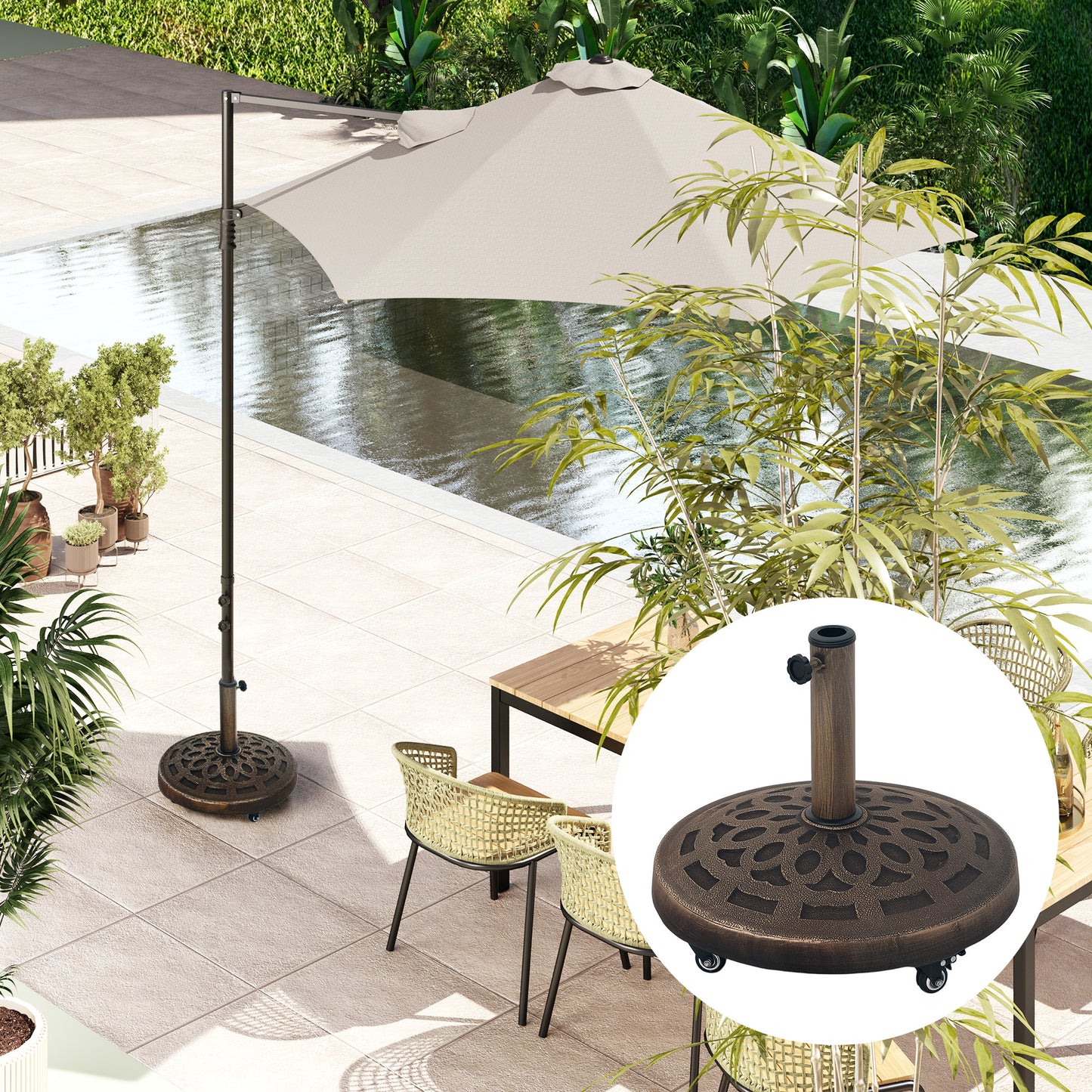 21kg Resin Garden Parasol Base with Wheels, Round Umbrella Stand, Heavy Duty Sun Umbrella Base for 32, 38
