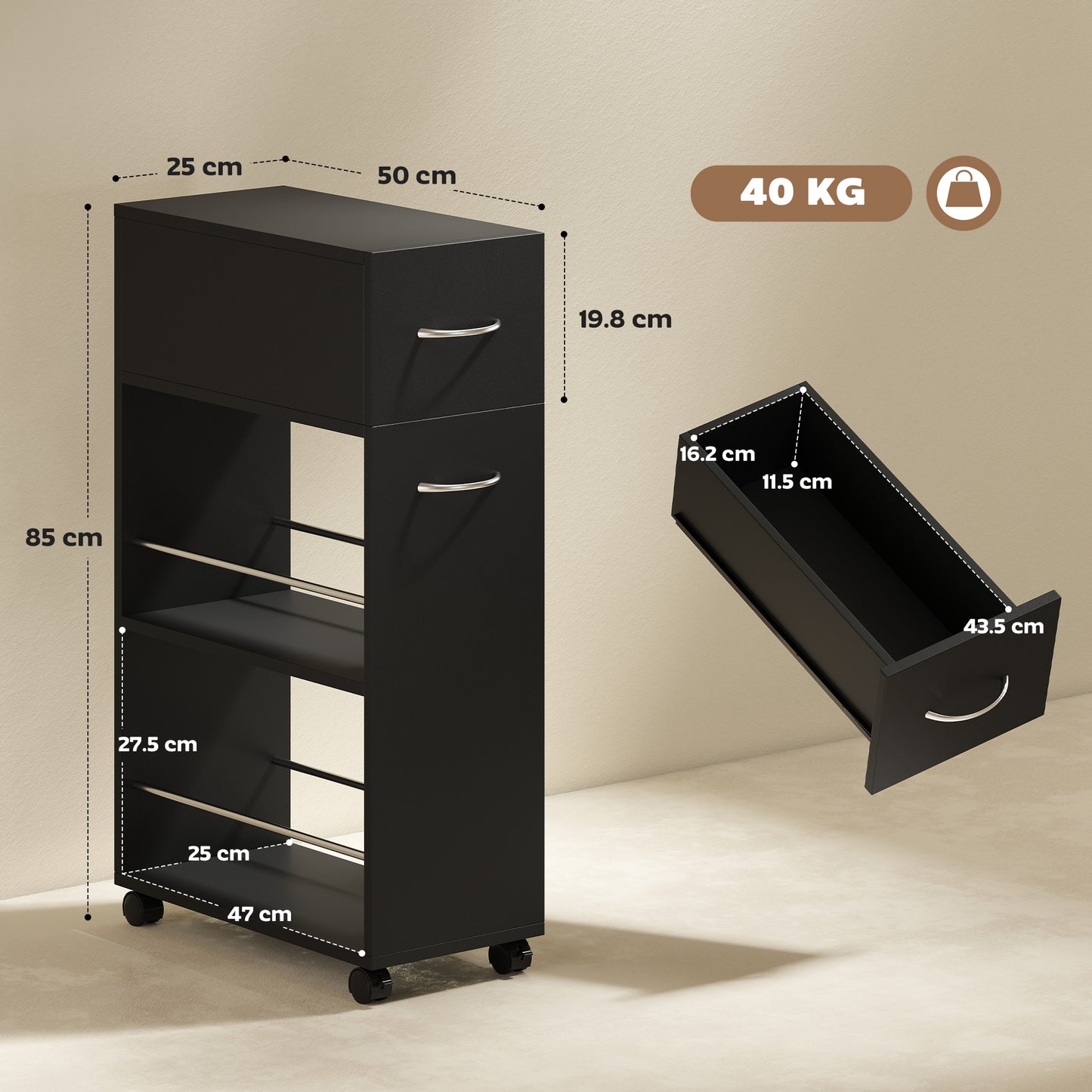 Rolling Storage Unit, 3-Tier Kitchen Cart Trolley with Drawer, Surface Top and 4 Universal Wheels, Black