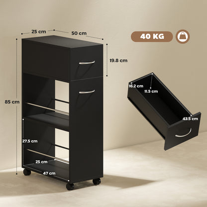 Rolling Storage Unit, 3-Tier Kitchen Cart Trolley with Drawer, Surface Top and 4 Universal Wheels, Black