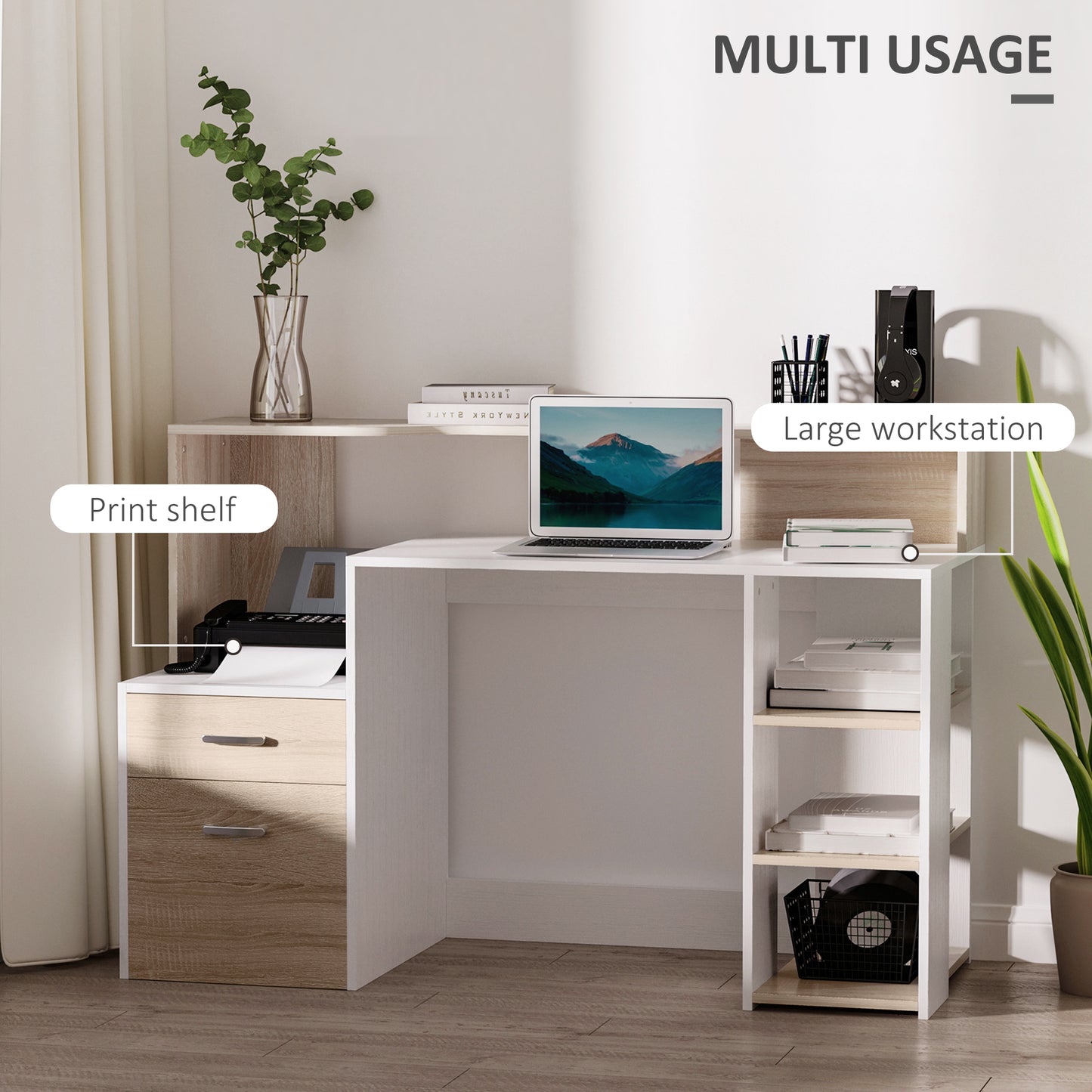 Computer Desk with Drawers and Storage Shelves, Office Desk Writing Table with Printer Stand