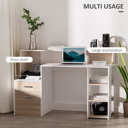 Computer Desk with Drawers and Storage Shelves, Office Desk Writing Table with Printer Stand