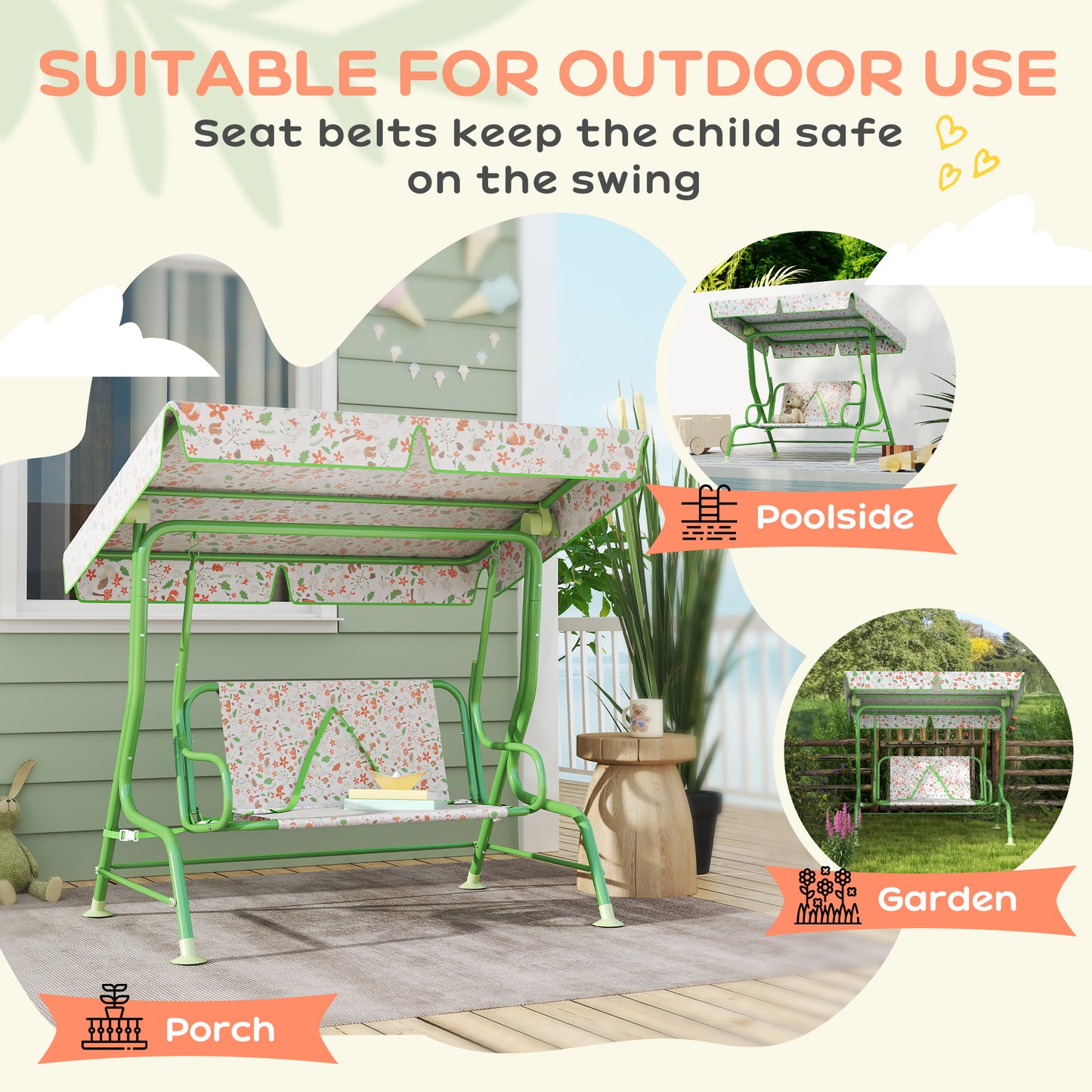 Kids Garden Swing Chair with Adjustable Canopy, Safety Belt, 2 Seater Hammock Swing Bench for Patio, Porch, Green
