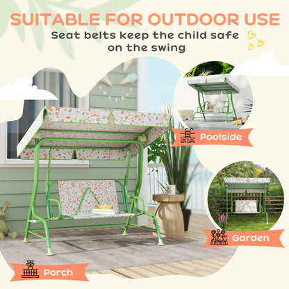 Kids Garden Swing Chair with Adjustable Canopy, Safety Belt, 2 Seater Hammock Swing Bench for Patio, Porch, Green