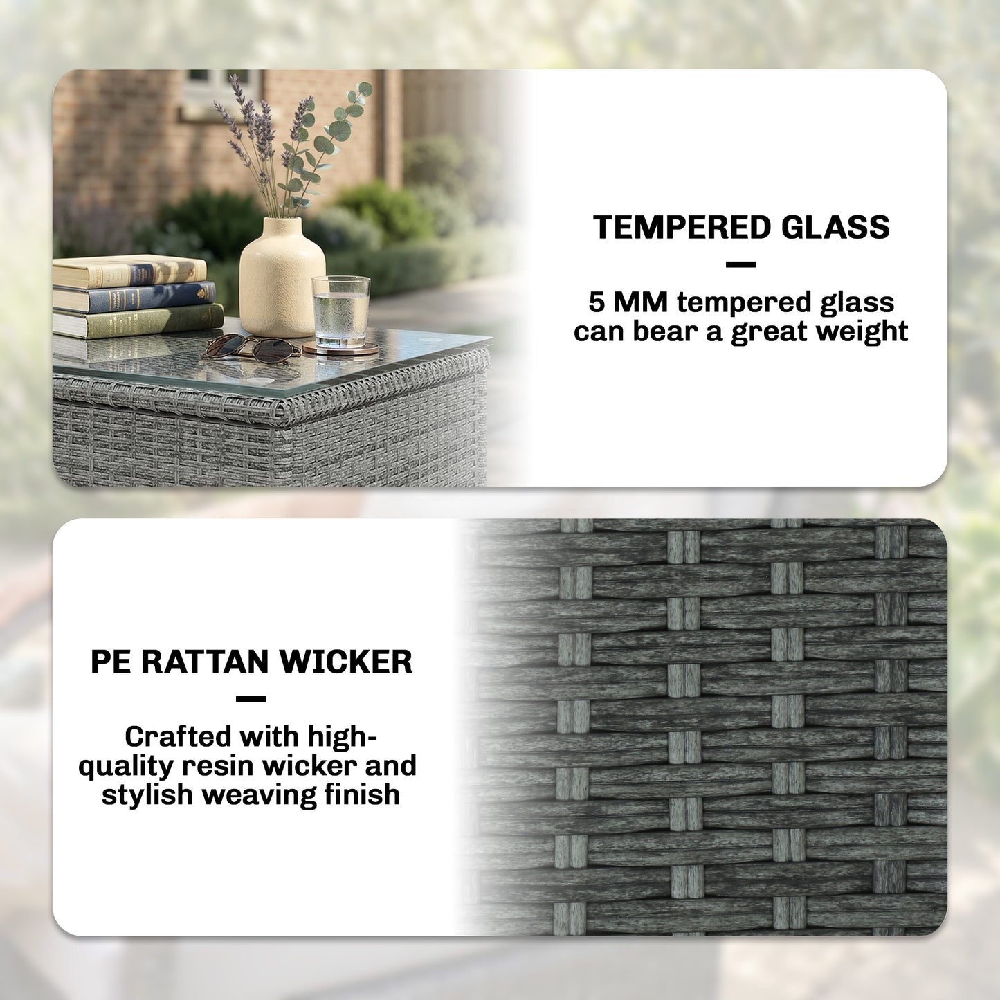 3 Pieces Rattan Bistro Set, Wicker Garden Furniture Set with Metal Frame, Cover, Glass Top Coffee Table, Light Grey