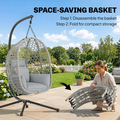Hanging Egg Chair, Indoor Outdoor Rattan Hammock Swing Chair with Stand, Safety Strap, Foldable Basket, Light Grey