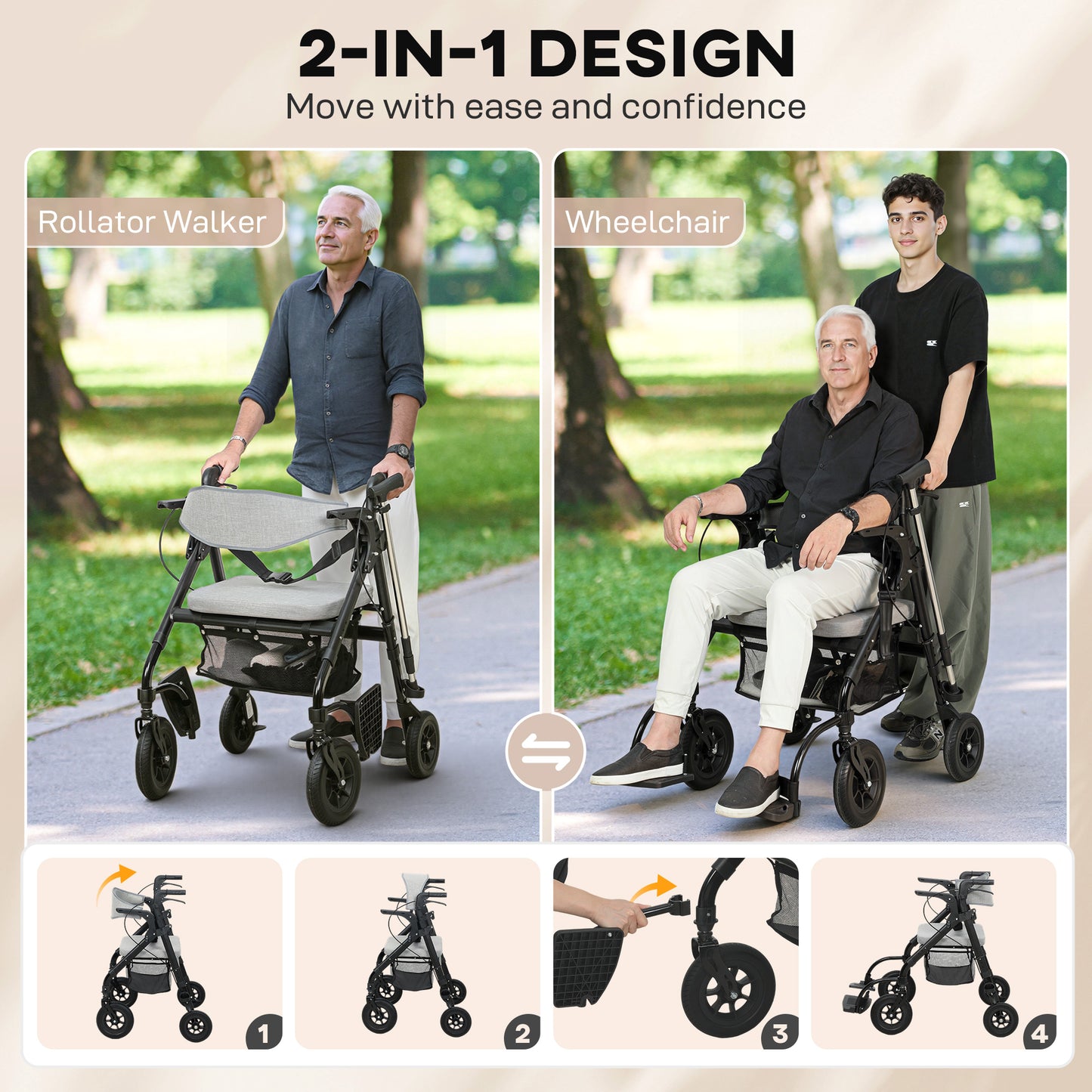 Rollator Walker Wheelchair, with Seat - Grey