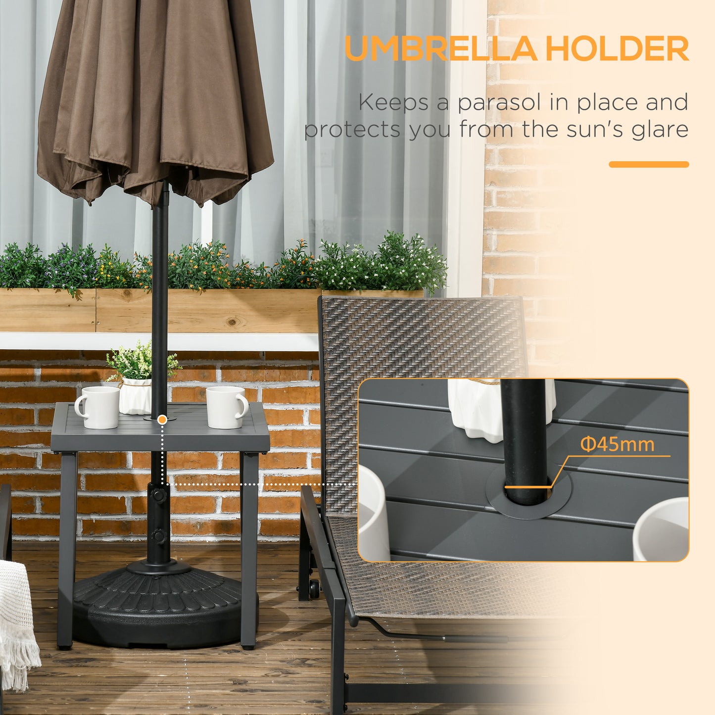 Garden Side Table, 51x51cm Square Patio Coffee Table with Umbrella Hole, End Table with Steel Frame for Balcony, Grey
