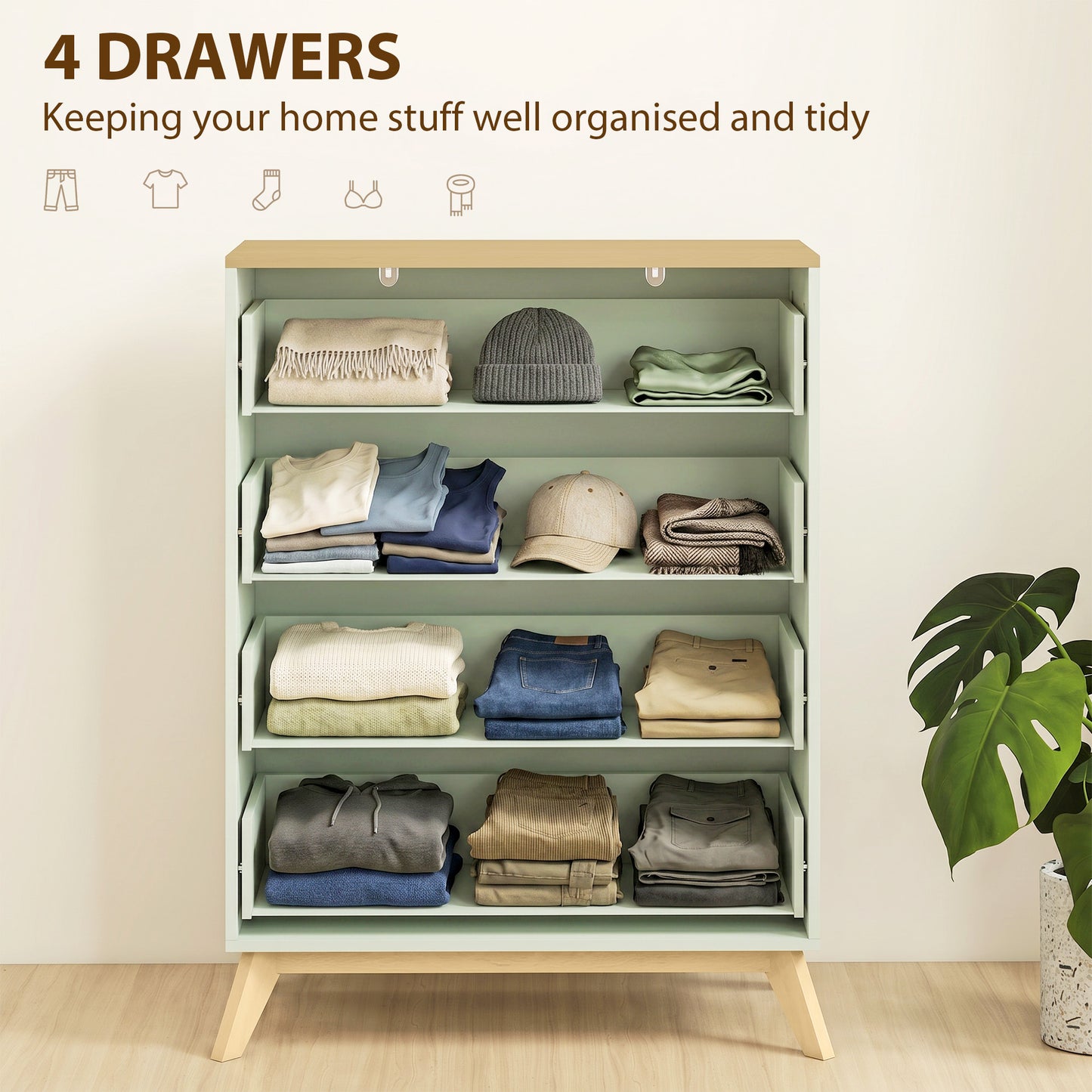 4 Drawer Storage Cabinet, Chest of Drawers for Bedroom Living Room, Light Green and Oak