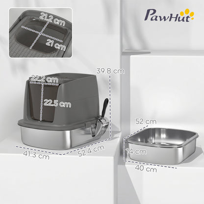 Large Stainless Steel Litter Box, Enclosed Metal Cat Litter Tray with Scoop, Deodoriser Bag, Front-Entry and Top-Exit