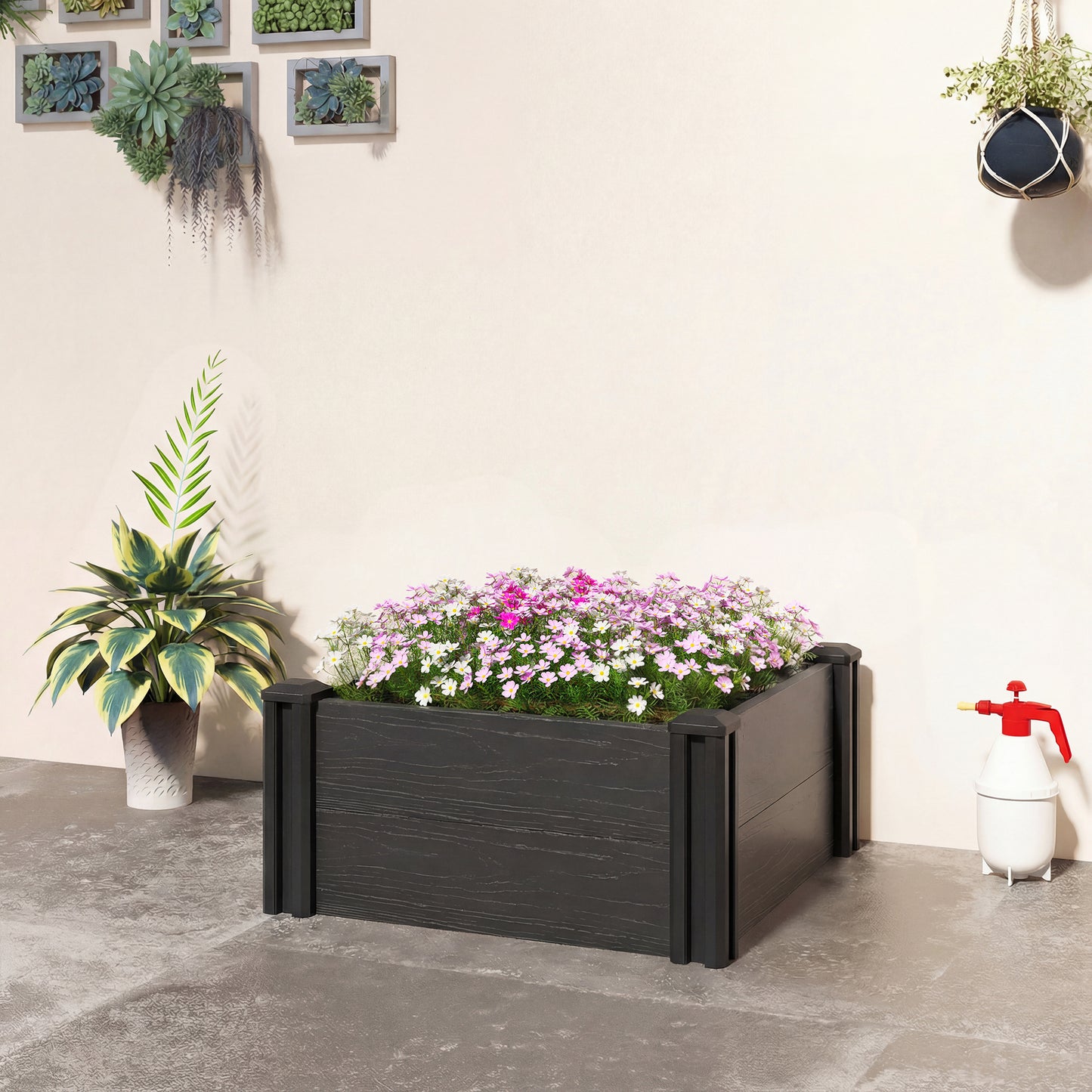 Vinyl Raised Garden Bed Kit, 2 x 2 x 1ft Modular Elevated Garden Box with Slotting Legs and Open Bottom, Dark Grey