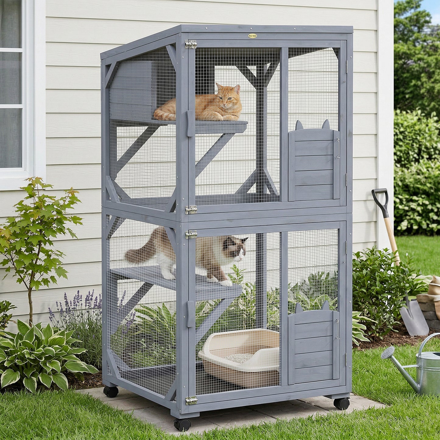 Movable Outdoor Catio with Resting Box, 3 Jumping Platforms, Waterproof Asphalt Roof for Outdoor Indoor