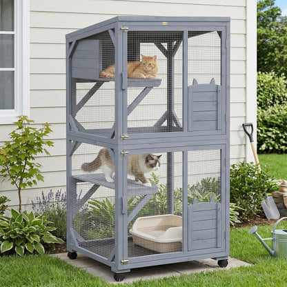 Movable Outdoor Catio with Resting Box, 3 Jumping Platforms, Waterproof Asphalt Roof for Outdoor Indoor