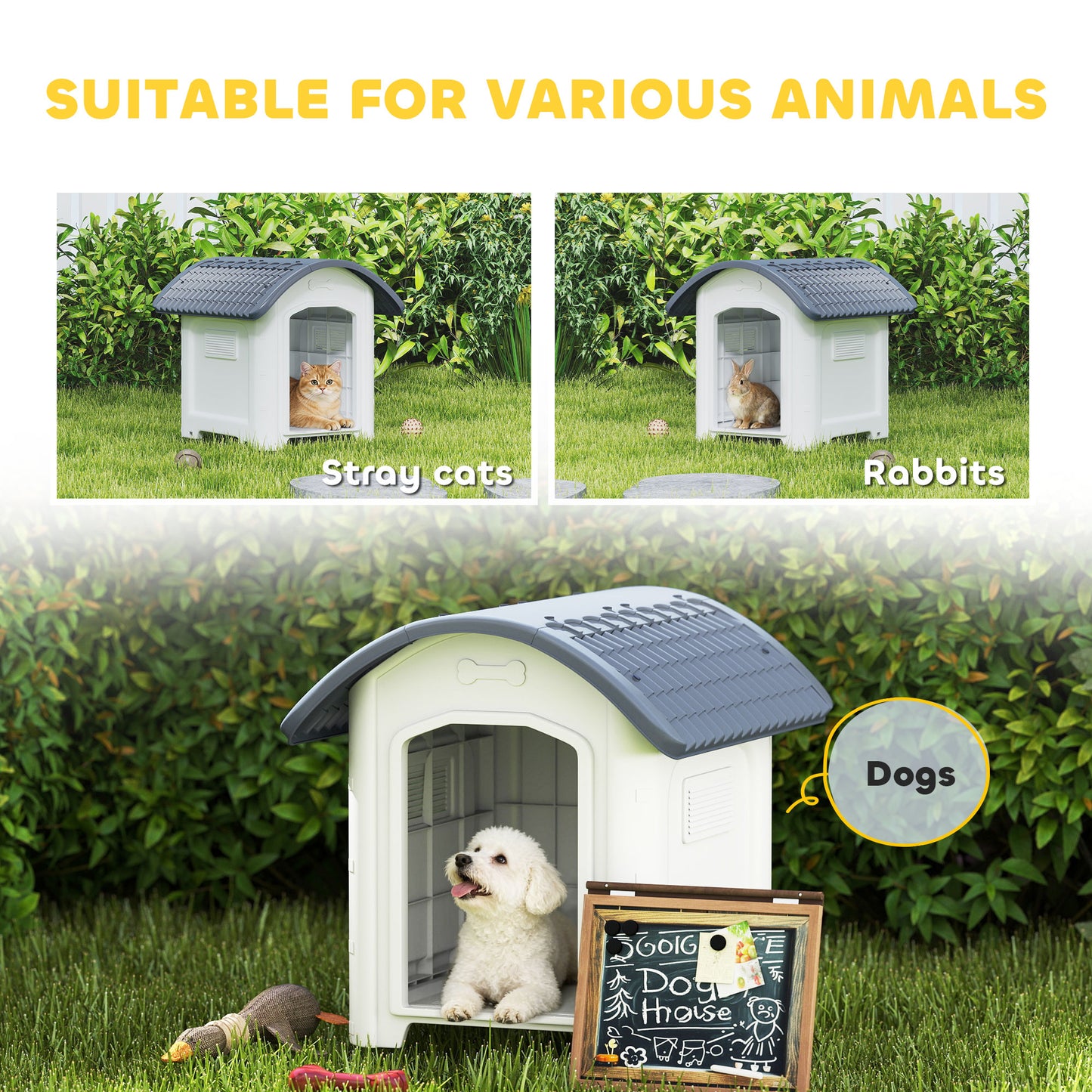 Outdoor Dog Kennel, Plastic Dog House with Removable Floor, Waterproof Roof, Raised Floor, 71 x 60 x 63 cm