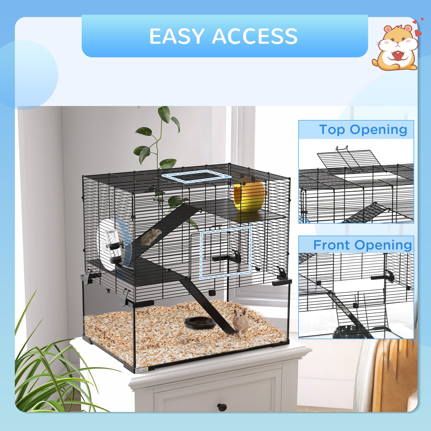 3 Tiers Hamster Cage, Gerbil Cage with Deep Glass Bottom, Non-Slip Ramps, Platforms, Hut, Exercise Wheels, Water Bottle