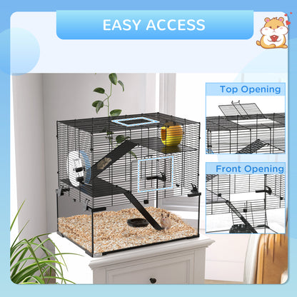 3 Tiers Hamster Cage, Gerbil Cage with Deep Glass Bottom, Non-Slip Ramps, Platforms, Hut, Exercise Wheels, Water Bottle
