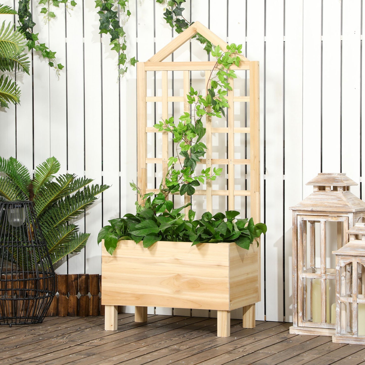 Garden Planters with Trellis for Vine Climbing, Distressed Wooden Raised Beds, 90x43x150cm, Natural Tone