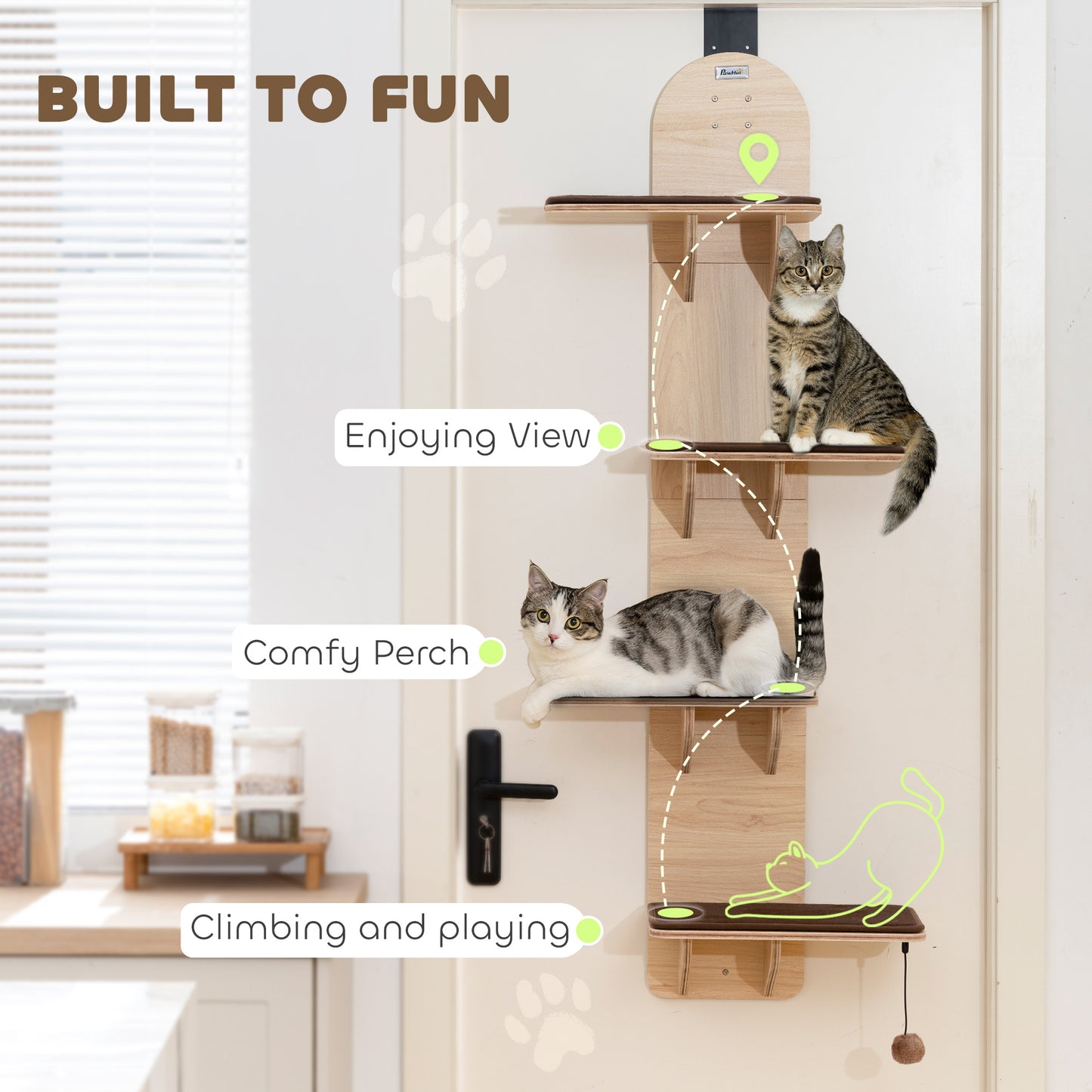 4-Level Door Mounted Cat Tree with Washable Plush Mats, Toy Balls, Door Hanging Cat Shelf for Indoor Cats