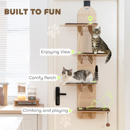 4-Level Door Mounted Cat Tree with Washable Plush Mats, Toy Balls, Door Hanging Cat Shelf for Indoor Cats