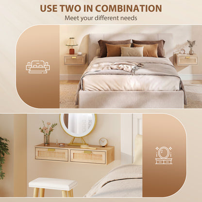 Floating Bedside Tables Set of 2, Wall Mounted Bedside Cabinets with Rattan Drawer and Wood Effect, Oak