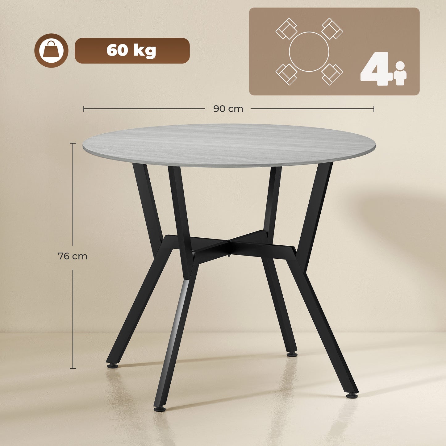Dining Table, Round Kitchen Table with Black Legs, Anti-slip Foot Pads for Living Room, Dining Room 90 x 76 cm, Grey
