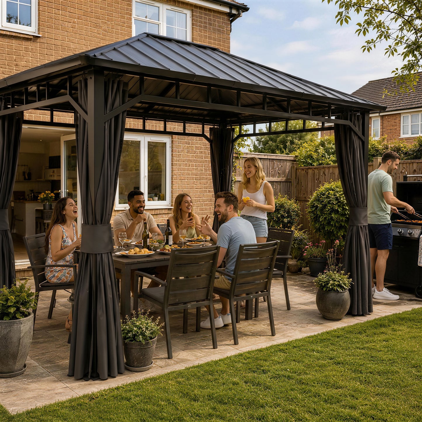 3 x 4m Hardtop Gazebo with Galvanised Steel Roof and Water Gutter, Waterproof Permanent Pavilion Garden Gazebo