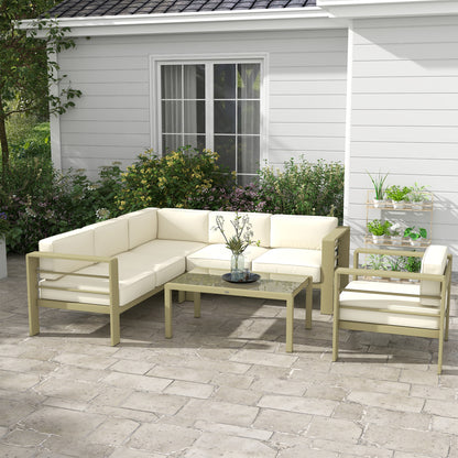 5-Piece Garden Corner Sofa Set with Cushions, 6 Seater Aluminium Garden Furniture Set with Glass Top Coffee Table
