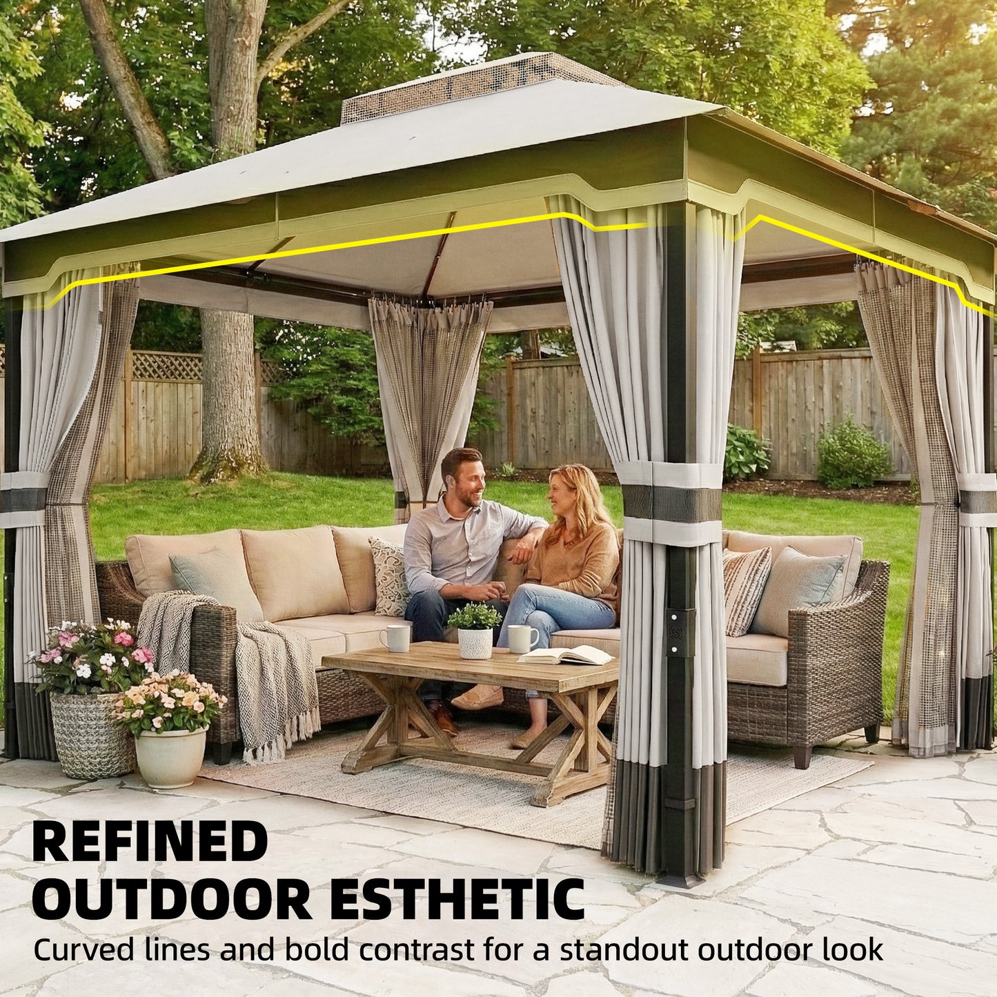 3 x 3.6 m Outdoor Garden Gazebo with Netting and Curtains, Double Roof Patio Gazebo Permanent Pavilion, Light Grey