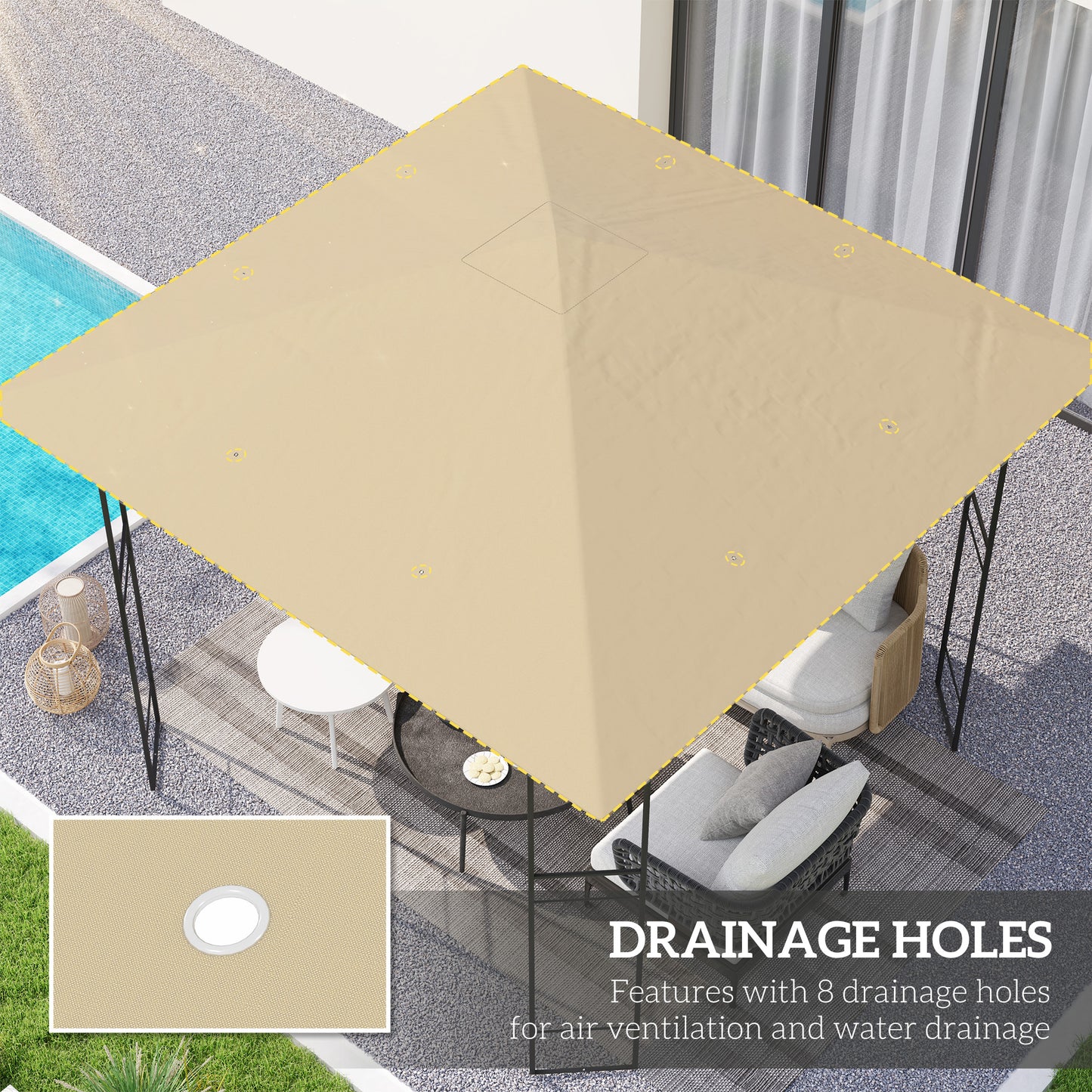 3 x 3(m) Gazebo Canopy Replacement Cover, Garden Gazebo Roof Replacement with Drain Holes, Water Resistant PVC Coating