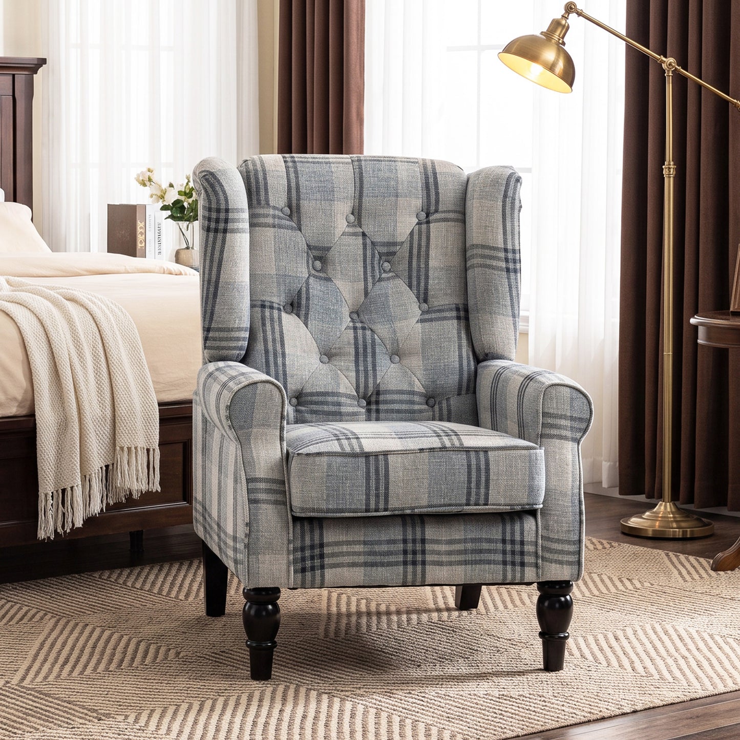 Faux Linen Armchair with Thick Spring Cushion, Wingback Accent Chair with High Back, Solid Wood Legs, Mixed Plaid